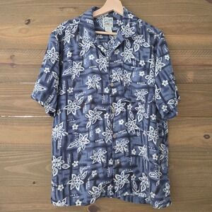 TravelSmith Button Up Shirt Blue 100% Silk Floral Tropical Mens Medium